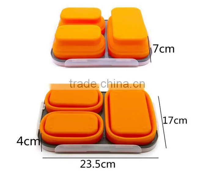 Eco-friendly 100% Food grade 3 compartments collapsible silicone folding lunch box, Microwave orange silicone folding lunch box