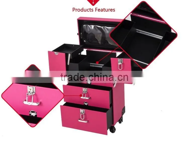 Wholesale PVC Material Portable Red 4 Wheels Makeup Case With Cosmetics Display Shelf