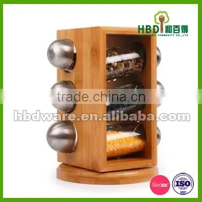 Kitchen wood condiment holder with glass jar set