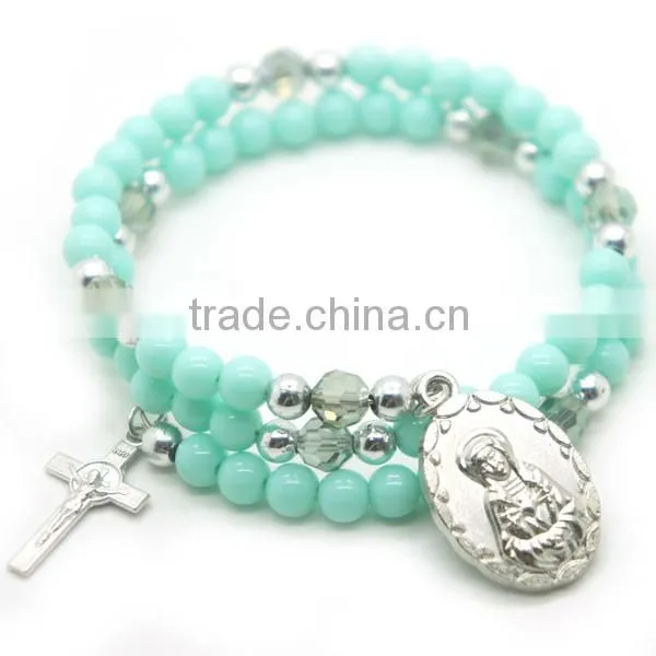 8mm arcylic beads steel wire bracelet with medal,5mm silver plastic beads