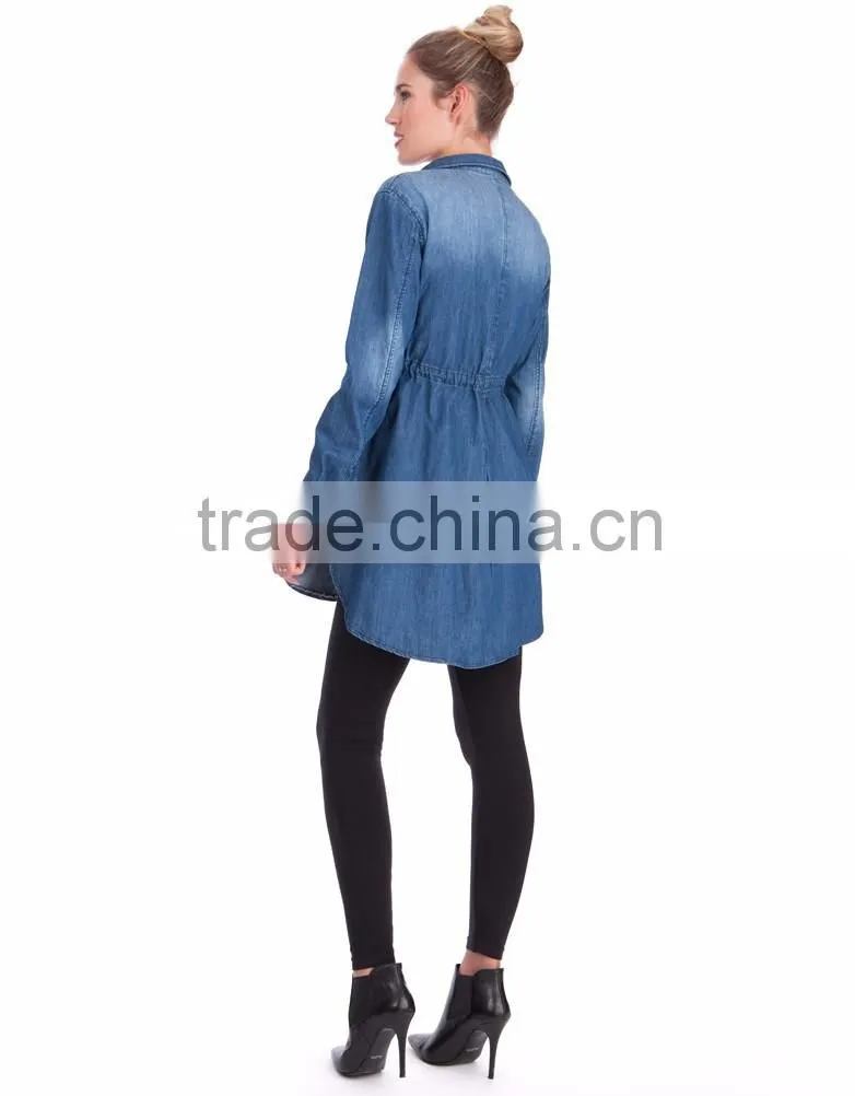 Washed Denim Maternity Support Band Long Shirt Style Dress
