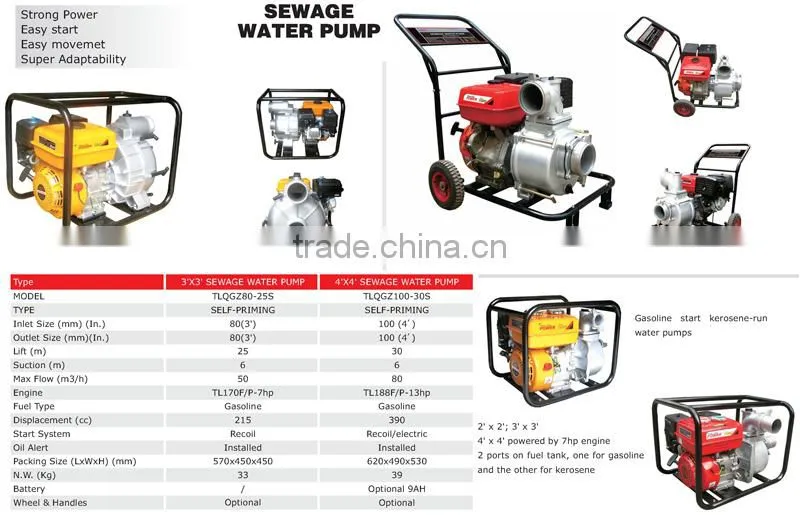 high volume high flow rate 4 inch cheap gasoline waste sewage water pump