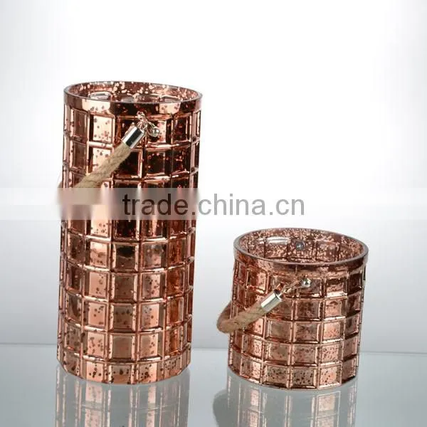 2-tier rose gold short staight cylindrical glass hurricane with hemp rope decal