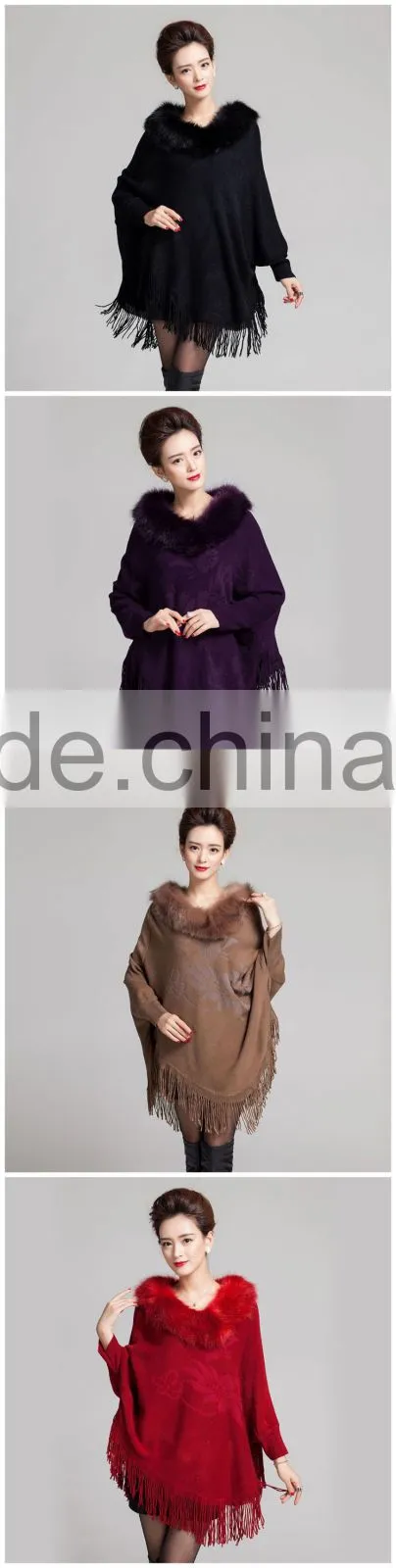Personality Top Quality Luxury Cashmere Women Shawl Pashmina With faux Fox Fur Trim Collar Tassel Poncho