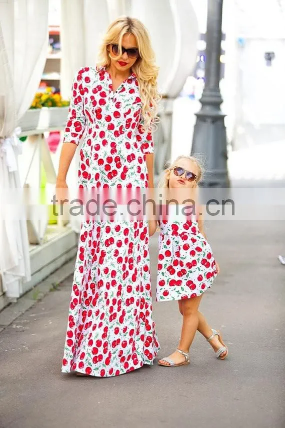 Bright Cherry Print Family Outfits Mommy And Baby Matching Mommy And Me Dress Women Girl Frock Dress