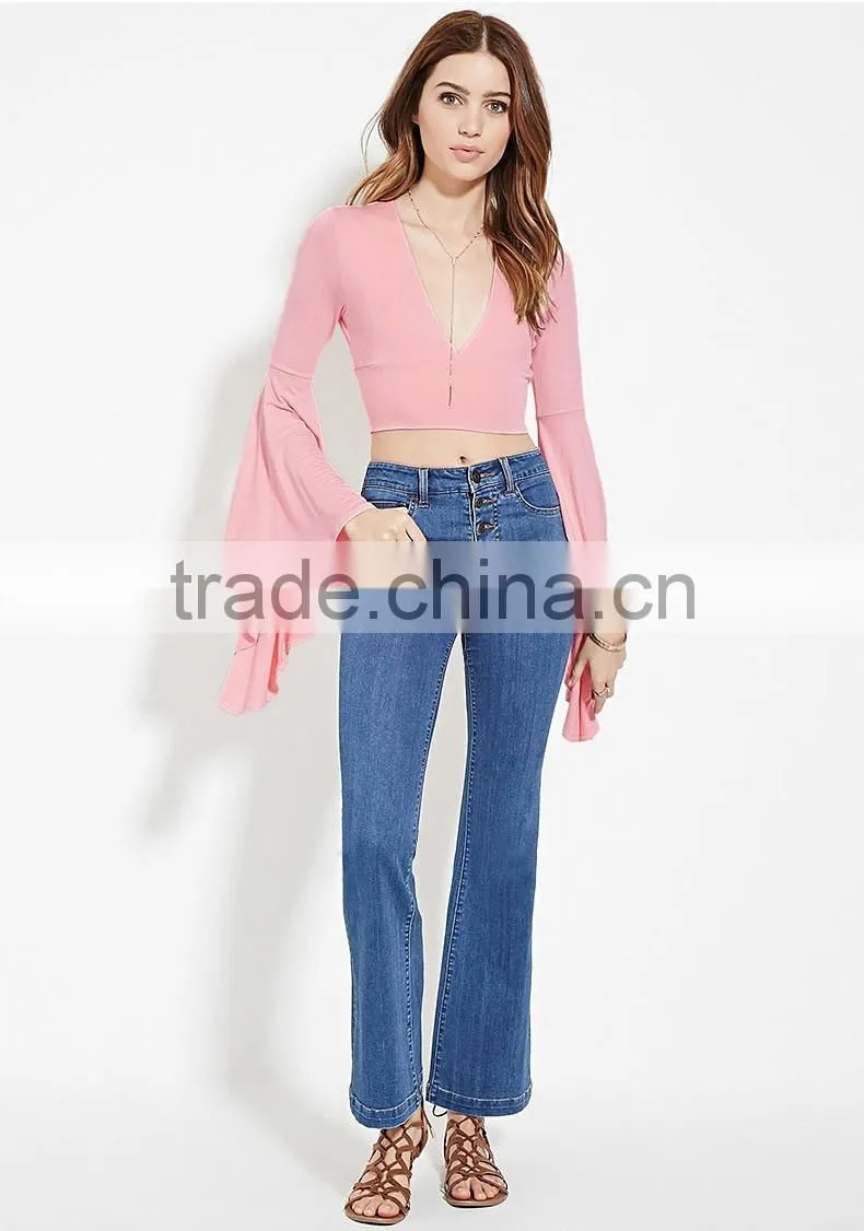 Women's fashion deep V neck sexy trumpet sleeve t shirt wholesale