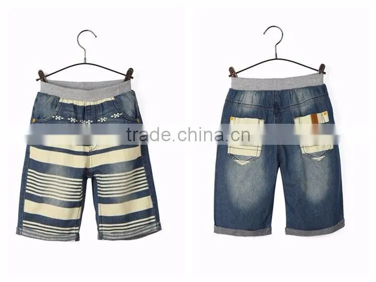 2016 light blue contrast color latest designer printing pocket kids printed jeans with roll hem