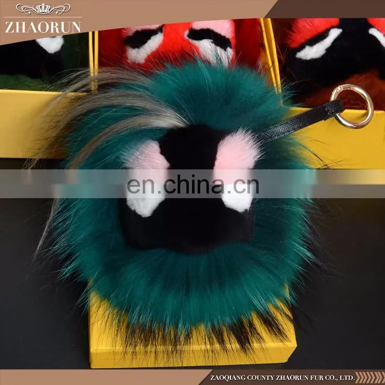 2016 High Quality emoji keychain fox fur key chain dyed color fur balls keychain