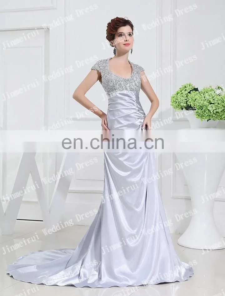 Charming Sliver Color Satin A-line Long Train Romantic Real Picture Bridal Dresses