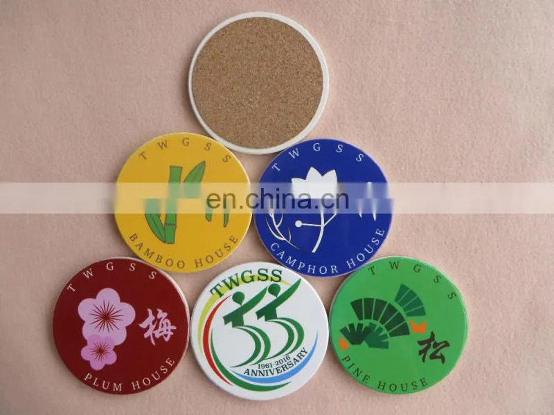 Waterproof porcelain coaster with cork, custom design round ceramic coaster