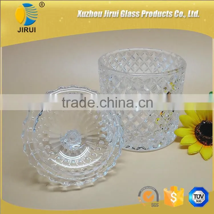 glass candy jar with glass lid with embossed design