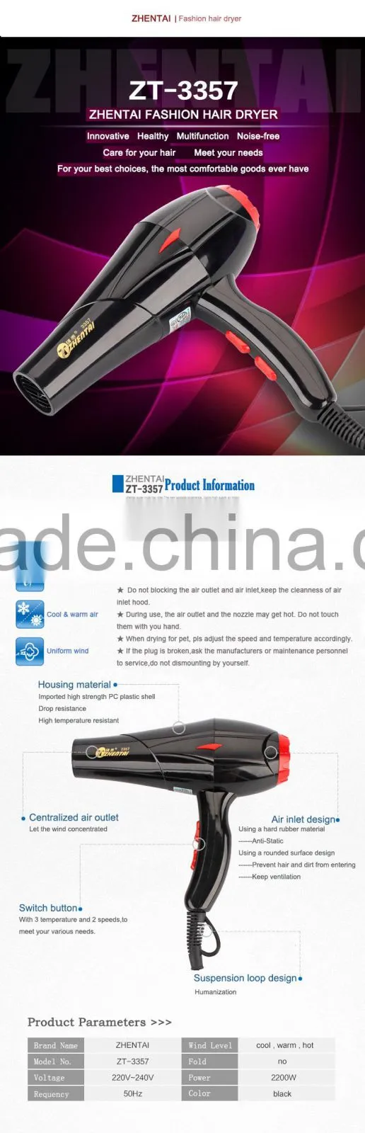 Household Hair Dryer Resistance Blow Dryers DC Motor Hairdriers ZT-3357