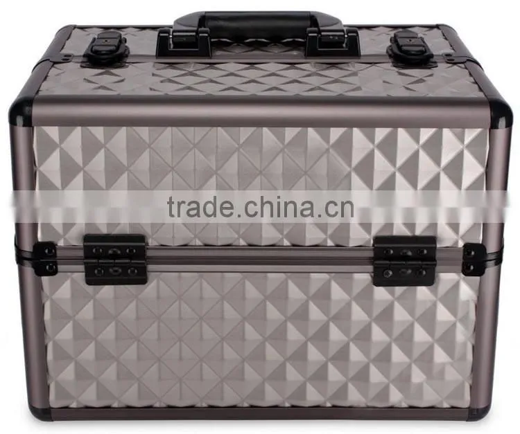 Diamond Textured Pattern 6 Extendable Trays Aluminum Professional Makeup Artist Cosmetic Storage Carrying Travel Train Case