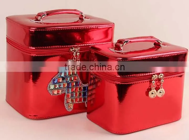 Red Shinny Leahter Makeup Vanity Train case,Cosmetic Studio Case Jewelry Storage Organizer case