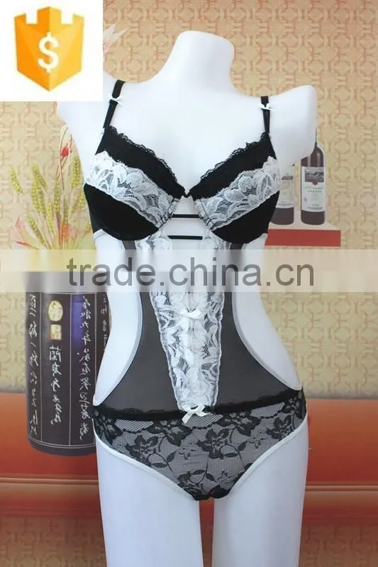 2016 Hot sexy front open black white lace lingerie baby teddie