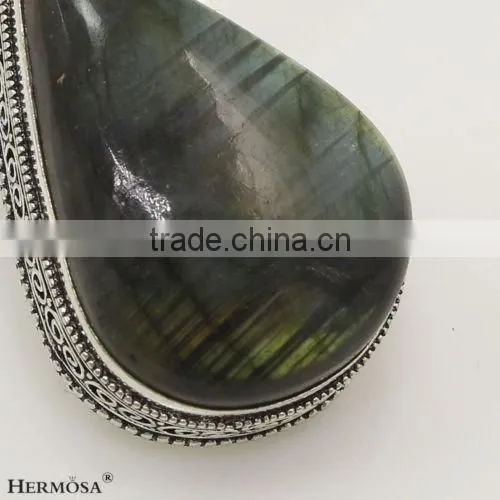 925 Sterling Silver Fashion Jewel Labradorite Gemstone Unisex Pendant 2 1/4''