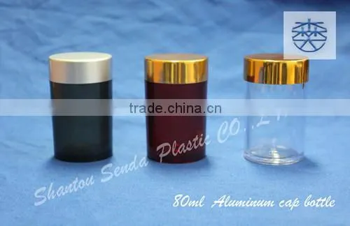 80ML amber plastic bottle with Aluminum screw cap, amber PS pill bottle, Amber acrylic bottle with silvery / golden cap