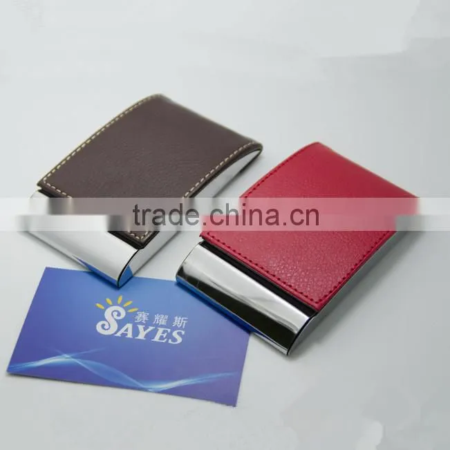Double swtichs opening PU leather card case holder with stainless steel strip and magnetic closure