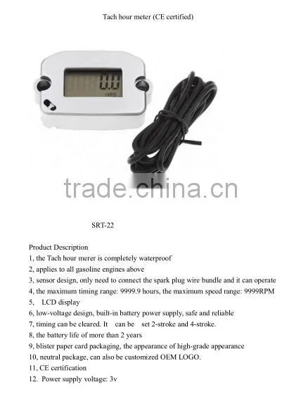 waterproof hour tach meter for 2 or 4 stroke gas engine