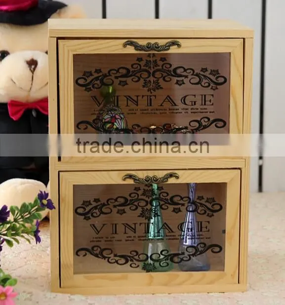 Glass door wooden container jewelry storage box cabinet with two drawers