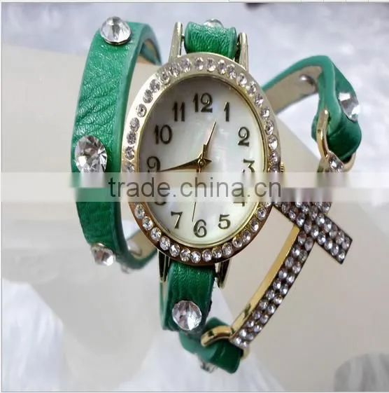 2014 New Arrival Fashion Leather Wrap Bracelet Watch With Crystal Rhinestone Cross