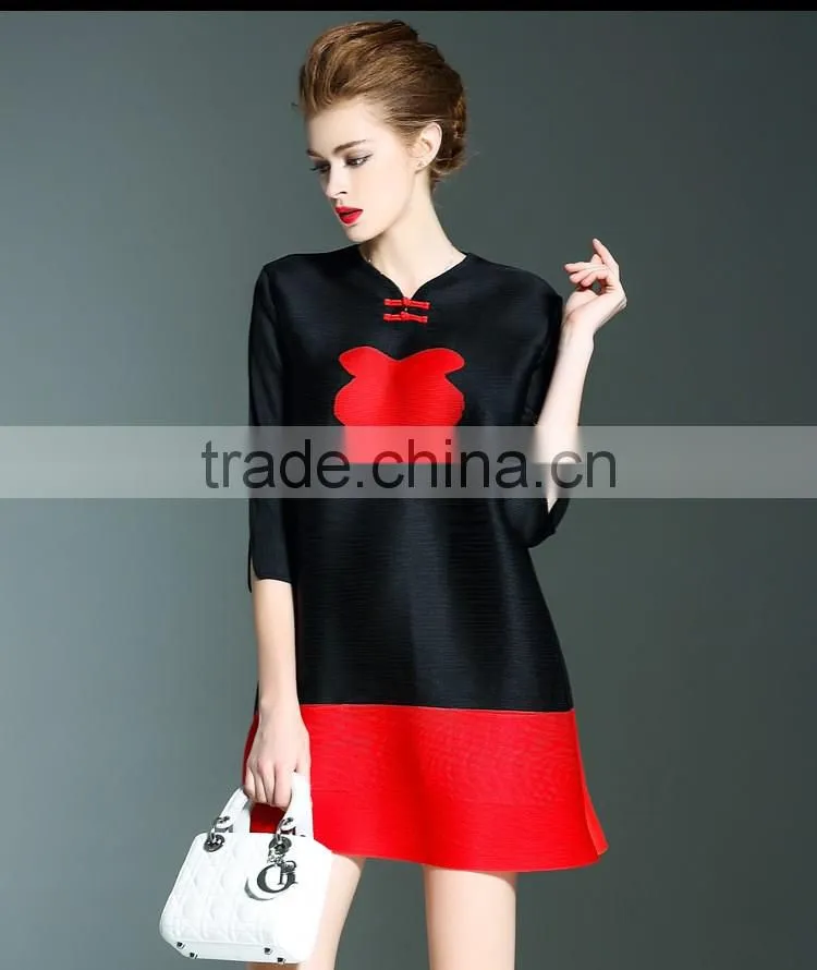 Retro pleat Chinoiserie printed ladies large size dress with two buttons