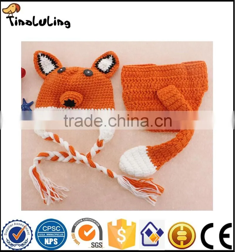 Fashion animal crochet beanies baby hat fox costume set newborn photography props infant handmade hat and diaper cover set