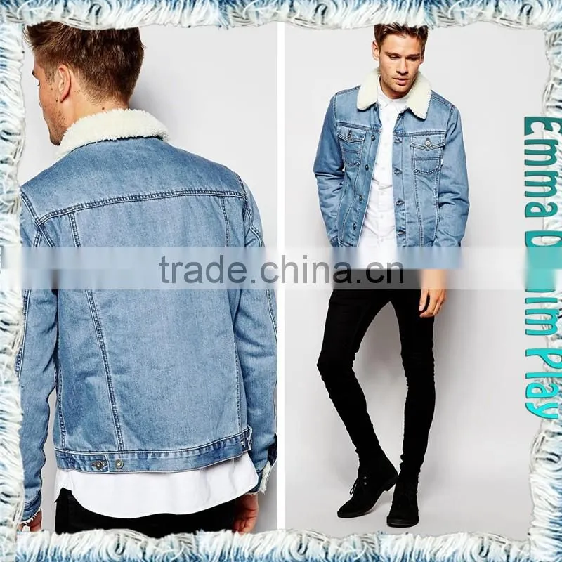 2015 New Style Winter Men's Light Blue Denim Fleece Jackets Coat