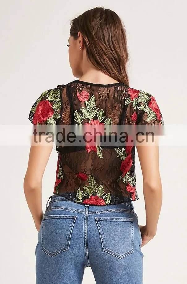 Guangzhou Shandao OEM Service Summer New Design Fashion Short Sleeve Black Lace Embroidered Womens Crop Top