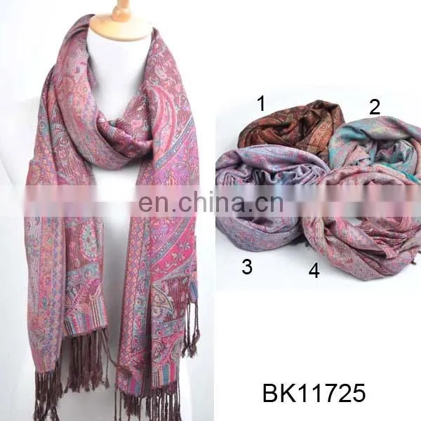 2016 Wholesale Winter Jacquard Pashmina Blue Scarf With Tufts Acrylic Shawl