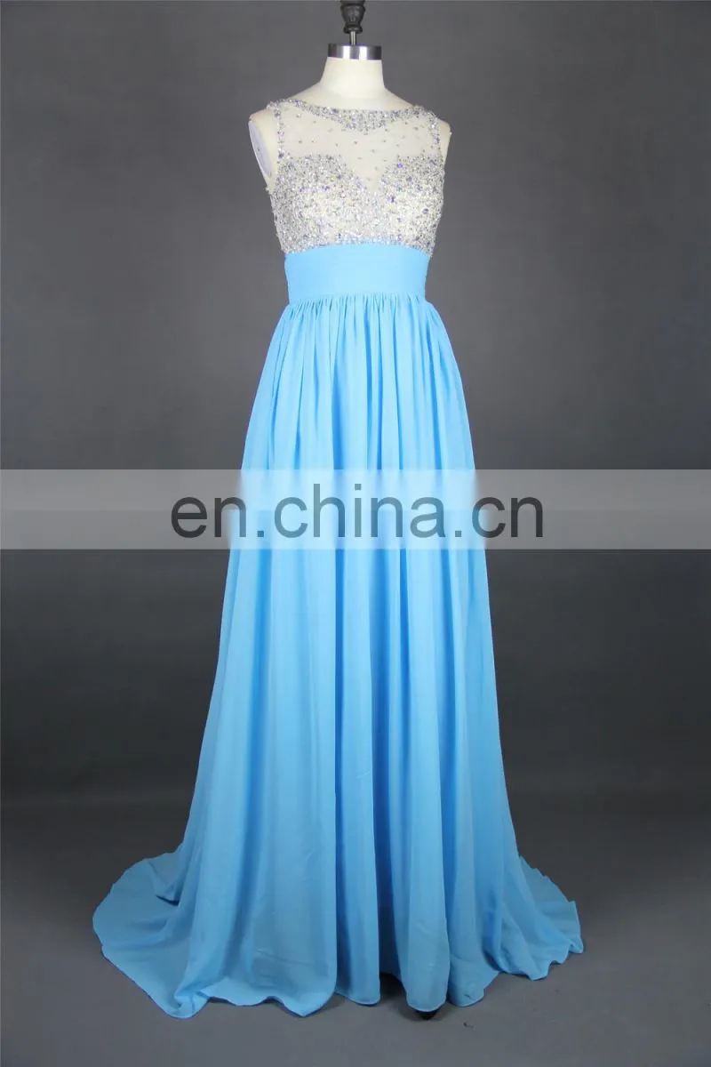 New Arrival Evening Gown Chiffon Beaded See Through Nude Back High Neck Key Hole Open Back Light Blue Formal Long Evening Dress