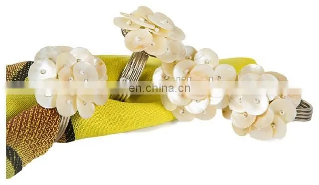 Mother of Pearl Elegant Flower Metal Napkin Rings, Set of 4