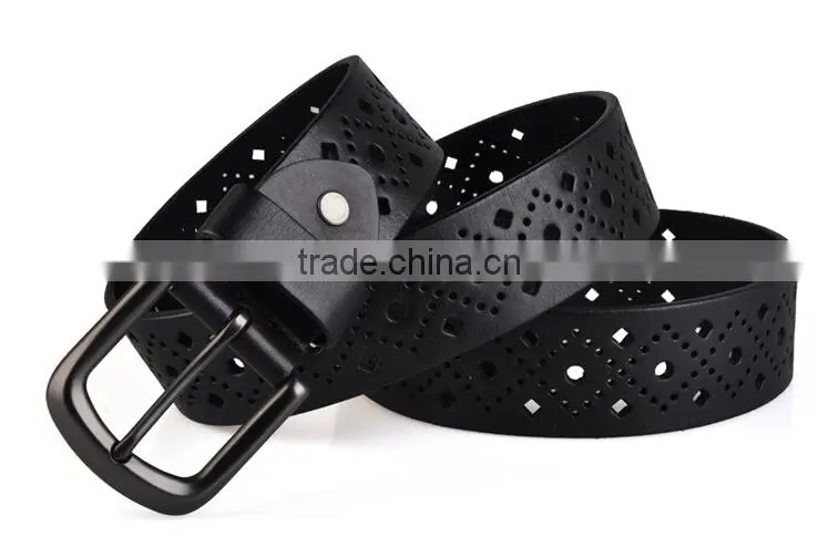 Black col of 38mm width cutout design for man's genuine leather belt