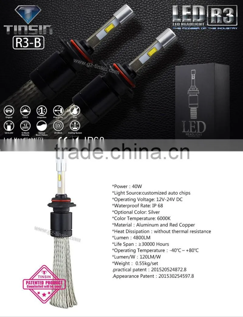 Super bright IP68 All in one no fan R3 9006 led headlight for car and motorcycle