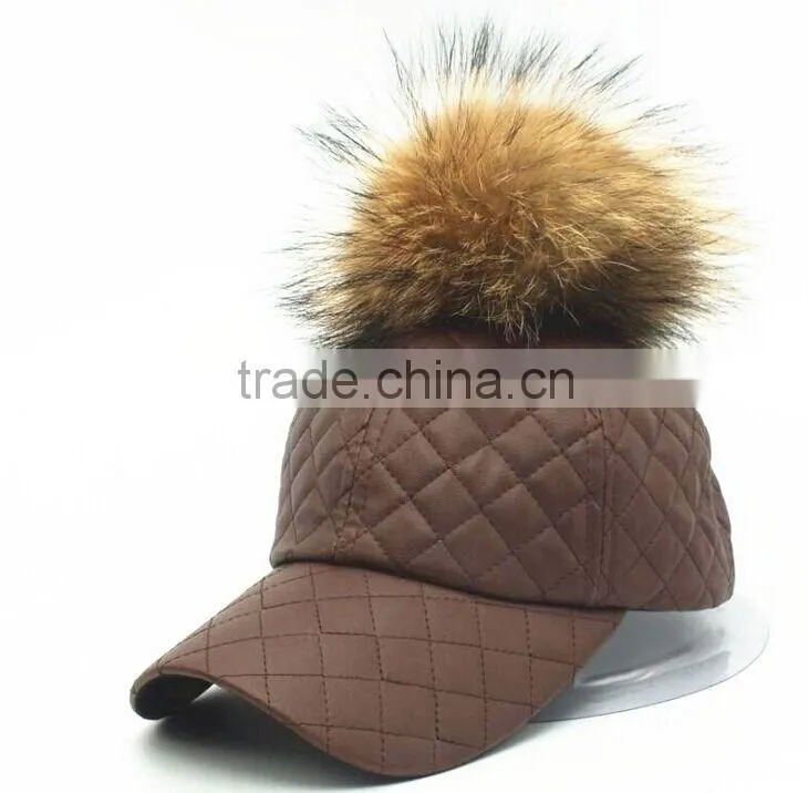 Fashion genuine raccoon fur pompom hat New PU leather baseball snapback cap Unisex woman man hat with real raccoon fur balls