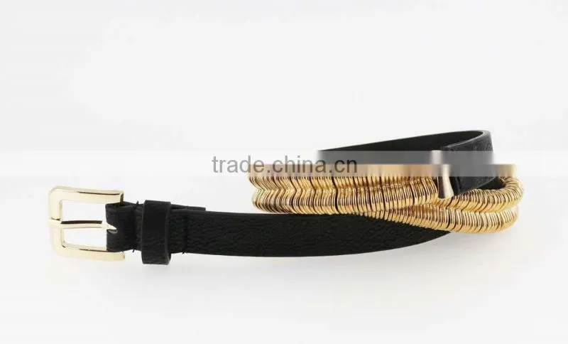 2015 fashion dress PU belt with shiny gold metal accessories in yiwu