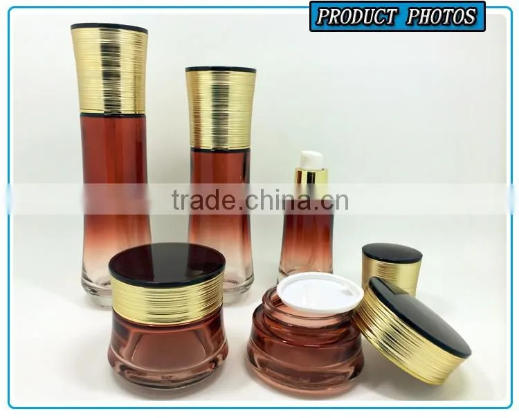 Gradient light amber colored glass cosmetics bottle and jar sets