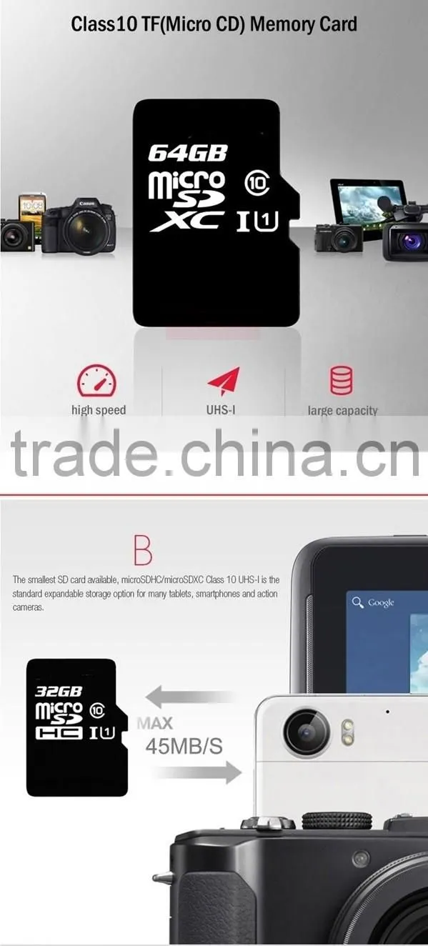 Free sample 80(MB/S)class 4 class 10 64GB digital camera Flash SD card TF memory card for Kingston for android mobile phone