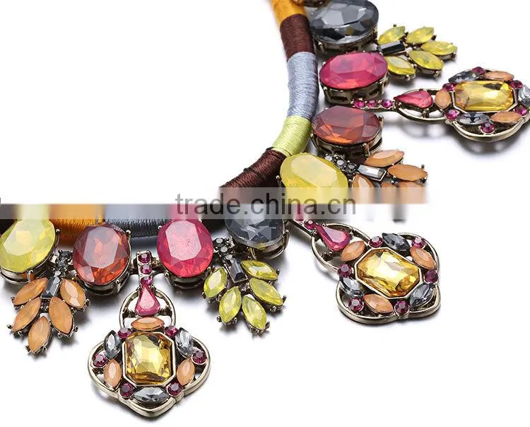 Handmade necklace rope chain colorful crystal pendantethnic necklace 2015 luxury crystal inlaid bijoux femme NL13562