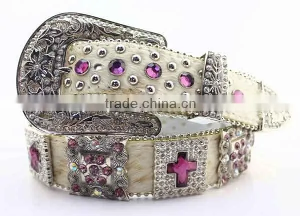 Cowgirl purple rhinestone cross crystal studded western leather hair belts