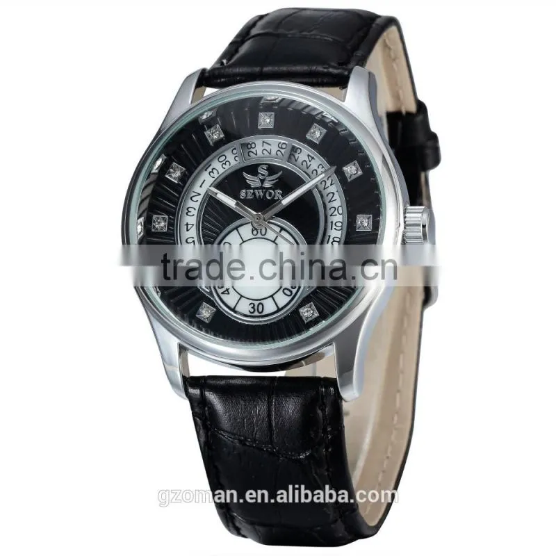 genuine leather strap man automatic watch 6hands wrist watch with diamond