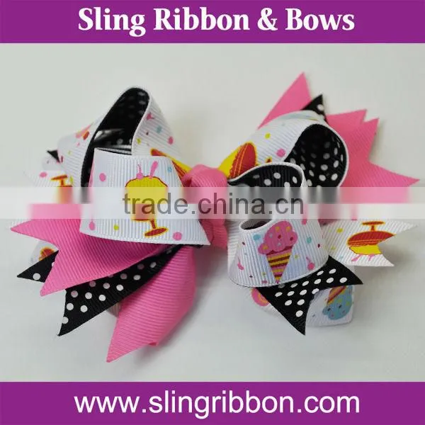 Light Pink Dot Printed Swallowtail Ribbon Girl Hair Bow With Clip