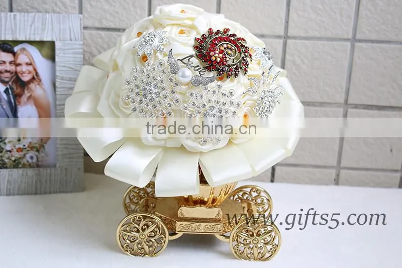 Amazing Wedding Bouquet with Rhinestones Beadings Pearls and Glaring Jewels Satin Ribbon Bow Knot