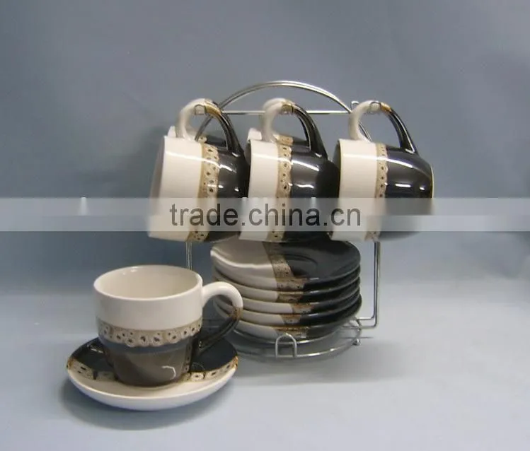 Set of 6 double glazed ceramic sublimation mug and saucer with stand
