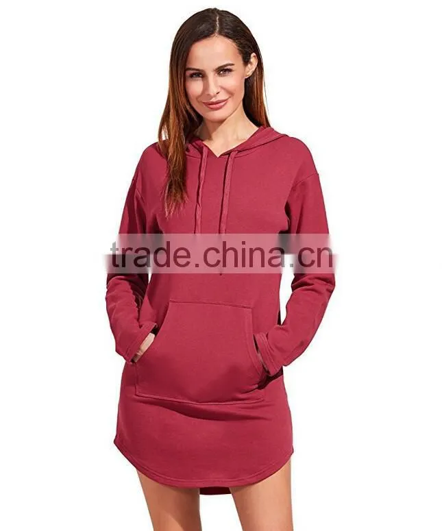 US Vintage Hoodie Sweatshirts Womens Red Solid Curved Hem Blank Custom Slim Fit Sexy French Terry Cloth Hoodie Dress