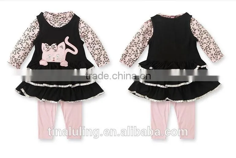 wholesale children's boutque clothing baby girls kitty printed 2pcs clothing sets leopard outfits