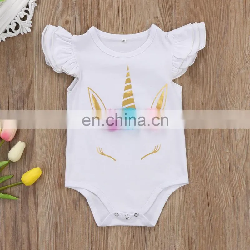 Boutique Soft Newborn Cotton Romper Unicorn Printed White Baby Romper