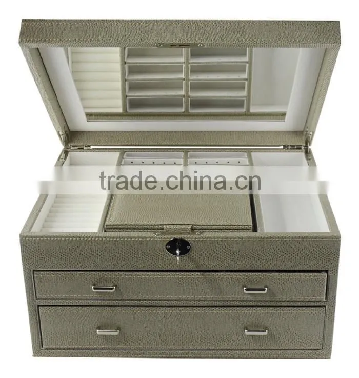 Leather Jewelry Box Lockable Makeup Storage Case with Mirror
