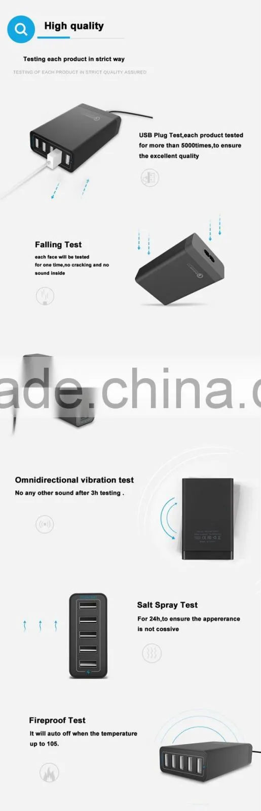 UL certified 40w 5v 8a 5port Quick charging USB travel charger for smartphone with QC 2.0 technology