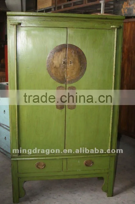 Chinese antique furniture pine wood green shanxi two door two drawer clothes cabinet